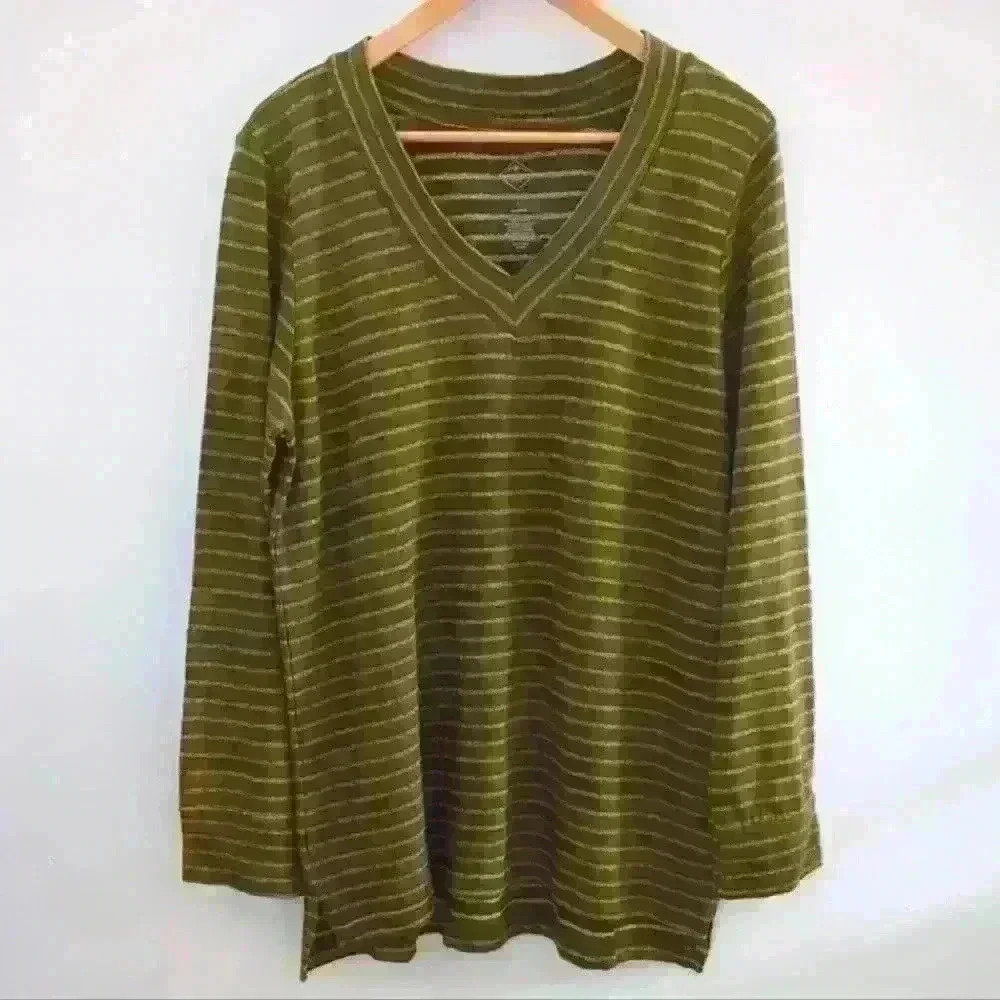 ST. JOHN'S BAY | Women's Olive/White Striped Cotton Long Sleeved Top